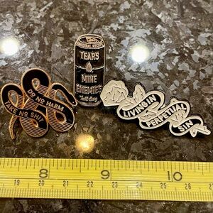 Enamel pins - do no harm snake, tears of my enemies tallboy, living in sin rose